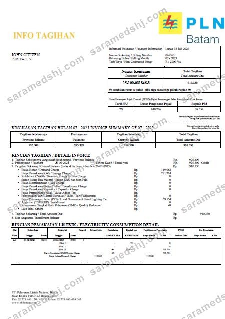 Indonesia PLN Batam utility bill template in Word and PDF formats